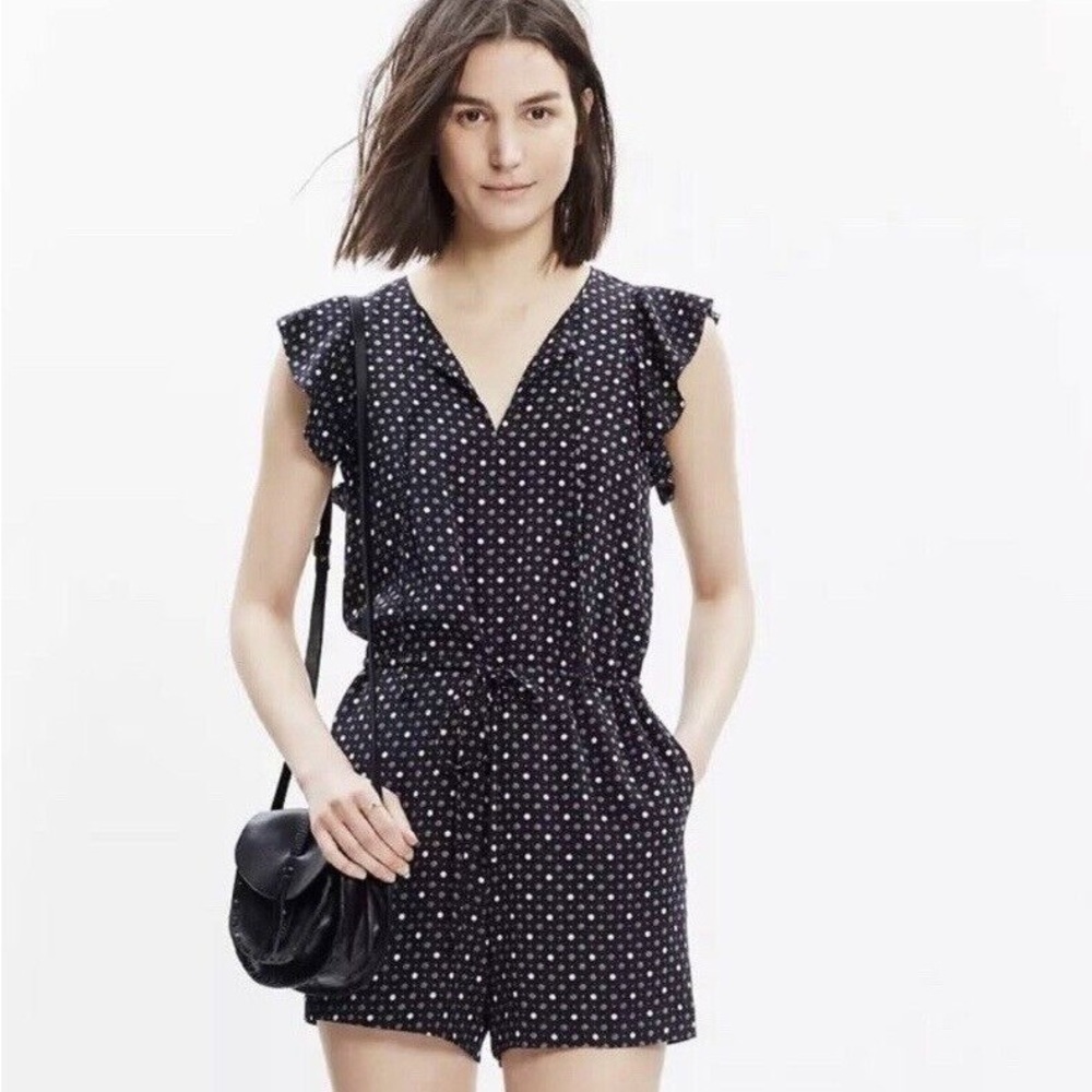 Madewell Petal Play Black Printed Silk Romper • Size S
